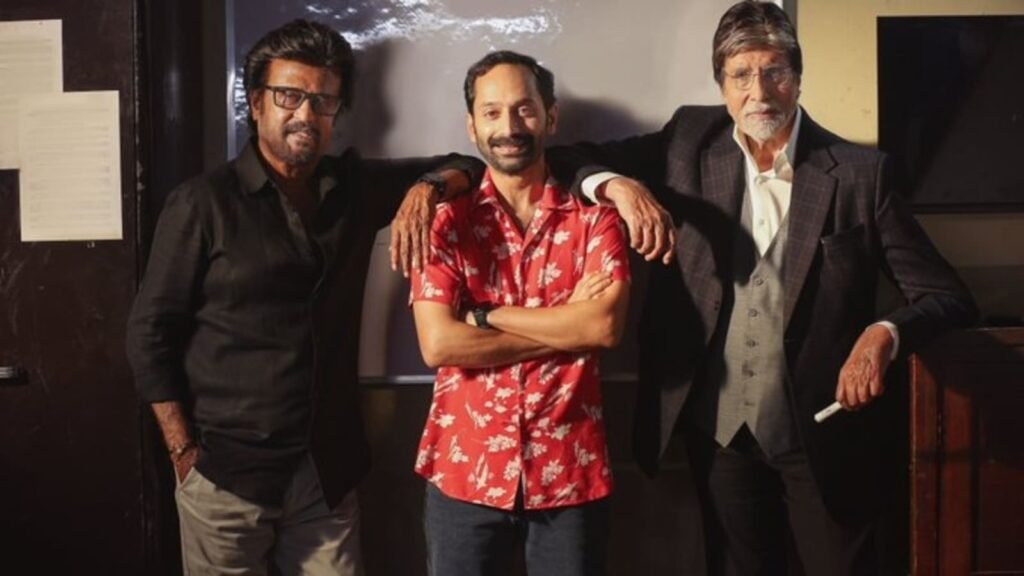 Fahadh Faasil poses with ‘pillars of Indian cinema’ Rajinikanth and Amitabh Bachchan on Vettaiyan set FilmyMeet