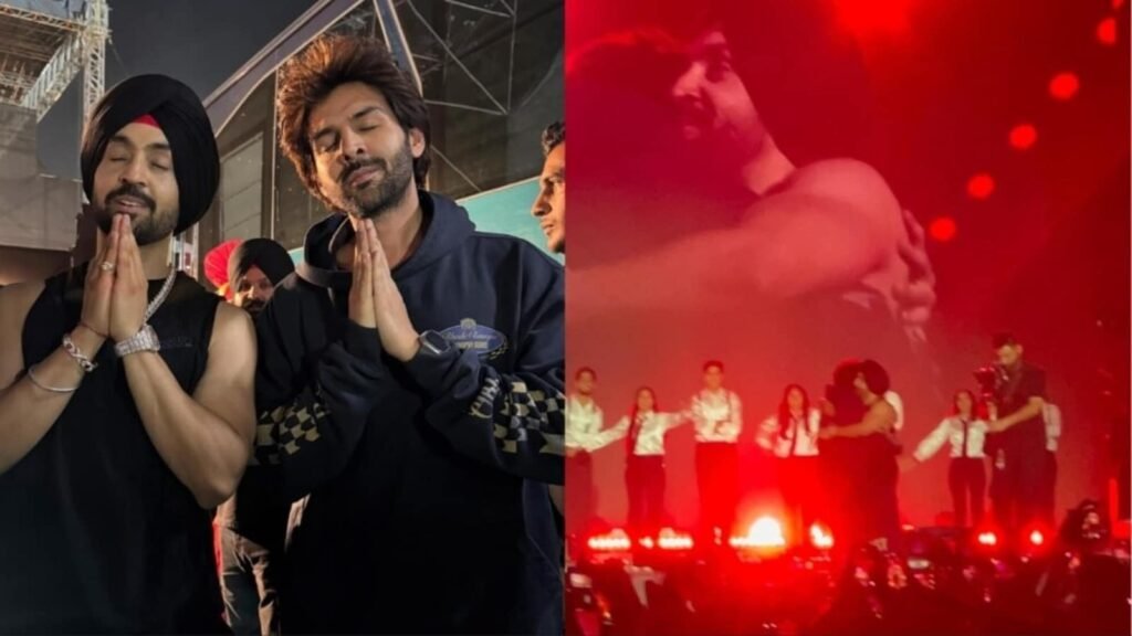 Kartik Aaryan hugs Diljit Dosanjh, dances with him at Ahmedabad show; fans call it ‘bromance we never knew we needed’ | Bollywood FilmyMeet